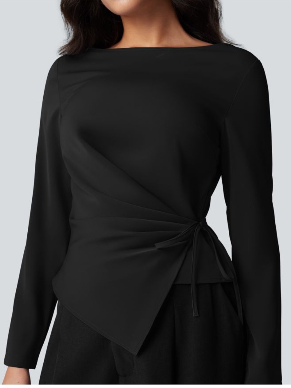 Wrinkle Recovery Boat Neck Long Sleeve Ruched Tie Work Blouse